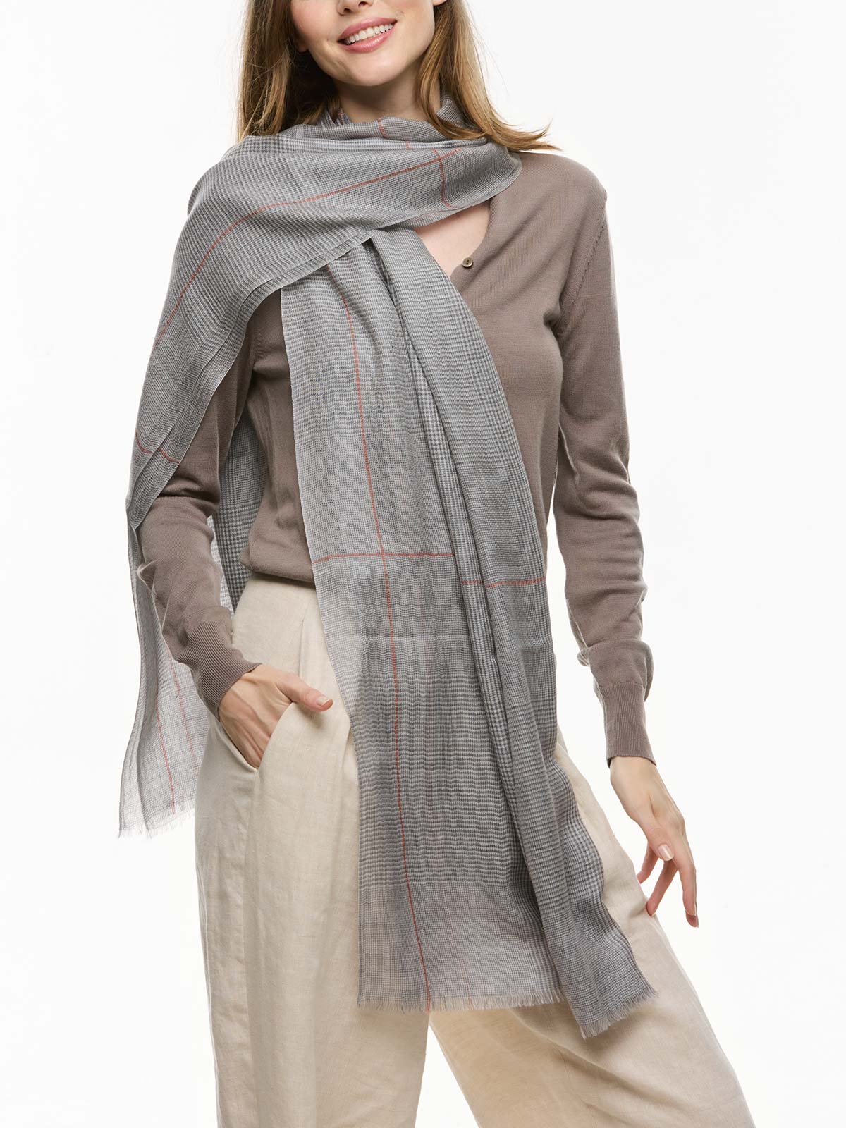 Featherlight Light Gray Plaid Cashmere Scarf - Image 3