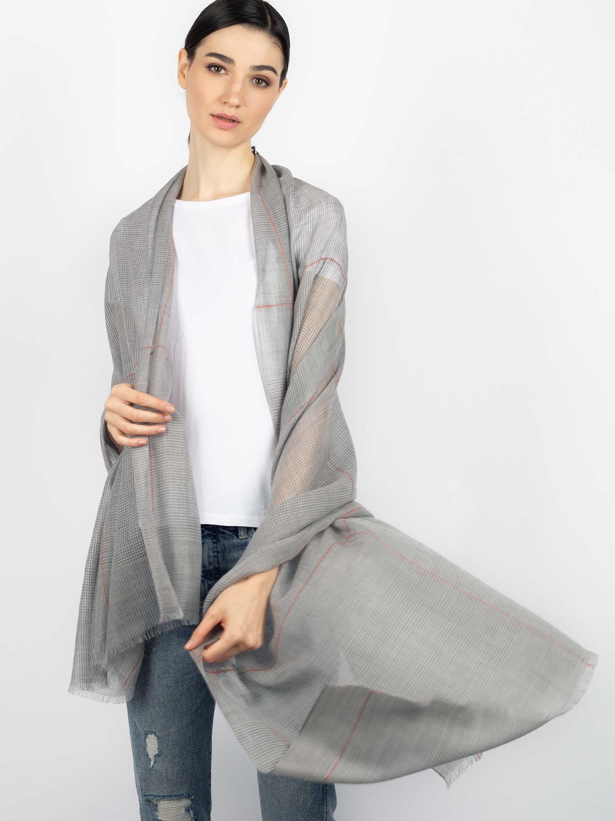 Featherlight Light Gray Plaid Cashmere Scarf - Image 4